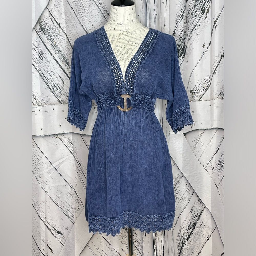 Cotton Natural Blue Mini Dress Lace Trim M